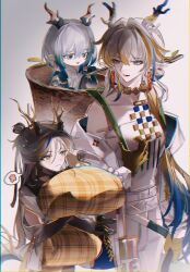  1girl 2boys absurdres aged_down arknights bare_shoulders basket blonde_hair blue_eyes blue_hair brother_and_sister brothers brown_eyes chinese_commentary chromatic_aberration collarbone colored_extremities commentary_request decagonalprism dragon_girl dragon_horns dragon_tail earrings eyeliner grey_background hair_between_eyes hair_intakes half_updo hand_up highres holding holding_sack horns in_basket in_container jacket jewelry ji_(arknights) long_hair makeup multicolored_hair multiple_boys necklace off-shoulder_jacket off_shoulder open_mouth orange_eyeliner pants pointy_ears sack shu_(arknights) siblings simple_background spoken_flower strapless streaked_hair tail tassel tassel_earrings tube_top white_jacket white_pants white_tube_top yi_(arknights) 