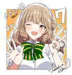  1girl blush border bow bowtie breasts brown_eyes brown_hair collared_shirt commentary countdown dress_shirt green_bow green_bowtie hand_up hands_up highres large_breasts long_hair looking_at_viewer official_art one_eye_closed one_side_up open_mouth outline outside_border sasayaku_you_ni_koi_wo_utau satomiya_momoka school_uniform shirt sidelocks signature smile solo takeshima_eku translated upper_body white_border white_outline white_shirt 