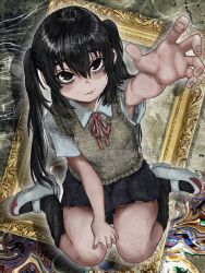  1girl :p abstract_background absurdres black_hair black_socks collared_shirt empty_picture_frame from_above hair_between_eyes hand_on_own_thigh hand_up hashtag-only_commentary hedprotag highres k-on! long_hair nakano_azusa neck_ribbon picture_frame pleated_skirt reaching reaching_towards_viewer red_ribbon ribbon shirt shoes short_sleeves sitting skirt socks solo stitches sweater_vest tongue tongue_out twintails wariza white_shirt white_shoes yellow_sweater_vest zoom_layer 