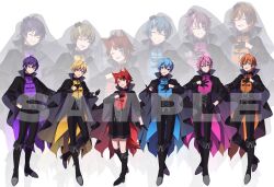  6+boys :d ^_^ ahoge animal_ears arm_at_side black_boots black_cape black_coat black_gloves black_hat black_pants black_shorts black_veil blonde_hair blue_eyes blue_hair blue_shirt blunt_bangs boots cape closed_eyes closed_mouth coat colon_(stpri) color_coordination commentary_request copyright_notice cross-laced_clothes dog_boy dog_ears dog_tail easy-0426 extra_ears fold-over_boots full_body gloves green_eyes grin hair_between_eyes half_gloves hand_on_own_chest hand_on_own_hip hand_up hat heterochromia highres jel_(stpri) knee_boots lineup long_sleeves looking_at_viewer male_focus matching_outfits mini_hat multiple_boys mystical_high_collar nanamori_(stpri) orange_eyes orange_hair orange_shirt pants pillbox_hat pink_hair pink_shirt purple_hair purple_shirt red_hair red_shirt rinu_(stpri) root_(stpri) sample_watermark satomi_(stpri) see-through_clothes see-through_veil shirt short_hair shorts simple_background sleeve_cuffs smile standing strawberry_prince tail tailcoat two-sided_coat two-sided_fabric utaite v-shaped_eyebrows veil violet_eyes watermark white_background yellow_eyes yellow_shirt zoom_layer 