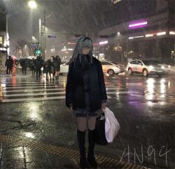  absurdres an-94_(girls'_frontline) car girls_frontline highres long_hair motor_vehicle neon_lights rain road standing street white_hair wo_lai_diaoguo_yu 