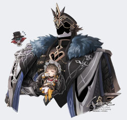  1boy 1girl 1other aiguillette artist_name black_bow black_coat black_dress black_hair black_helmet black_jacket black_sleeves blush bow brown_hair capitano_(genshin_impact) center_frills chibi chibi_inset clawed_gauntlets closed_eyes coat coat_on_shoulders commentary_request cropped_torso crossed_legs cup detached_collar detached_sleeves dress drinking flying_sweatdrops frilled_sleeves frills fur-trimmed_coat fur_trim gauntlets genshin_impact gloves gold_trim hair_bow headdress helm helmet highres holding holding_cup holding_mini_person holding_saucer jacket lapels long_hair mini_person minigirl pantyhose pulonia_(genshin_impact) robot sandrone_(genshin_impact) saucer signature simple_background sitting strapless strapless_dress teacup u_u upper_body vambraces watermark west_(west24_draw) white_background white_gloves white_pantyhose wing_collar 