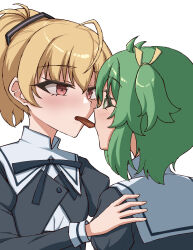 2girls ahoge ando_tazusa assault_lily black_ribbon blonde_hair blush buttons candy chocolate chocolate_bar commentary cropped_jacket eye_contact face-to-face food food_in_mouth green_eyes green_hair hair_between_eyes hair_ribbon hand_on_another's_shoulder high_ponytail highres juliet_sleeves long_sleeves looking_at_another mouth_hold multiple_girls neck_ribbon parted_lips ponytail profile puffy_sleeves purple_ribbon red_eyes ribbon school_uniform shirt short_hair simple_background two-tone_ribbon white_background white_shirt yellow_ribbon yoshimura_thi_mai yuhana_(lily_yuhana) yuri yurigaoka_girls_academy_school_uniform 