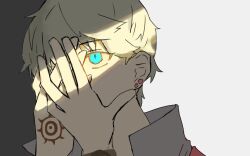  1boy aqua_eyes arms_up blonde_hair command_spell covered_mouth earrings fate/strange_fake fate_(series) flat_escardos high_collar highres jewelry male_focus ohbdlt9p72aqz overlighting partially_shaded_face shadow solo string 