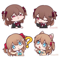  2girls ? akanbe animal_ears aqua_bow aqua_bowtie black_cardigan blue_eyes blue_sailor_collar bow bowtie broken_heart broken_heart_hair_ornament broom1216 brown_hair cardigan cat_ears chibi closed_mouth commentary dress_shirt english_commentary evil_neuro-sama eyelid_pull hair_between_eyes hair_ornament hair_ribbon heart heart_hair_ornament highres long_hair long_sleeves multiple_girls multiple_views neuro-sama one_eye_closed pout red_bow red_bowtie red_eyes red_ribbon ribbon sailor_collar shirt siblings sisters tongue tongue_out twins twitter_username two_side_up upper_body vedal_ai yellow_cardigan 