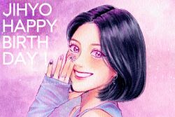  1girl black_hair blue_shirt bob_cut commentary_request earrings happy_birthday jewelry jihyo_(twice) k-pop long_sleeves looking_at_viewer parted_lips real_life shirt short_hair sleeveless sleeveless_shirt sleeves_past_wrists smile solo twice_(group) twitter_username ume_chatsumi violet_eyes 