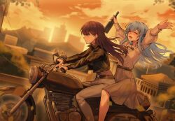  2girls arms_up bang_dream! bang_dream!_it's_mygo!!!!! black_hair black_jacket black_ribbon blue_hair blurry blurry_background breasts chinese_commentary closed_mouth commentary_request grey_pants grey_skirt hair_ribbon highres jacket light_particles long_hair long_sleeves medium_breasts mole mole_under_eye motor_vehicle motorcycle multiple_girls multiple_riders open_clothes open_jacket pants ribbon shiina_taki shirt sidelocks skirt sunset togawa_sakiko unique_(pixiv12704744) violet_eyes white_shirt 