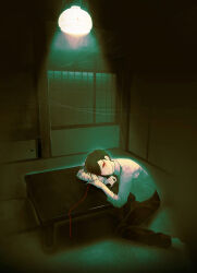  1boy absurdres architecture ariake_(ooe) black_hands black_pants blush cast chabudai collared_shirt colored_extremities east_asian_architecture highres indoors kurosawa_(adelta) lamp male_focus official_art ooe_(game) pants red_eyes shirt sliding_doors string string_of_fate table tatami 