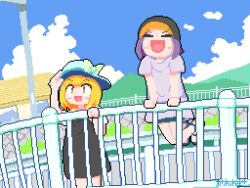  2girls :d against_railing animated animated_gif black_shirt blonde_hair bow cat clouds day grey_shirt hand_up hat hat_bow kawawagi multiple_girls outdoors pixel_art purple_hair railing shirt shorts smile t-shirt wind 