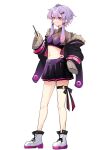  1girl ahoge full_body hair_ornament highres jacket navel purple_hair ribbon shoes simple_background skirt sneakers solo standing thigh_strap violet_eyes vocaloid yuzuki_yukari zooanime 