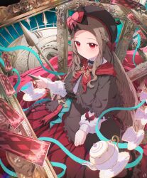  1girl abstract_background absurdres beret black_bow black_bowtie black_capelet black_hat black_shirt bow bowtie braid brown_hair capelet card center_frills chest_jewel clock closed_mouth commentary cup english_commentary evil_neuro-sama forehead frills from_above from_side gem goth_fashion hair_bow hat hat_bow highres holding holding_cup light_blush long_hair long_skirt long_sleeves making-of_available multiple_hat_bows neckerchief picture_frame pink_bow plate playing_card puffy_long_sleeves puffy_sleeves red_bow red_eyes red_gem red_neckerchief red_skirt roman_numeral shirt skirt solo teacup teapot vedal_ai virtual_youtuber water white_shirt zuzu_ame 