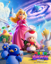  1boy 1girl animal_ears bird blonde_hair blue_eyes commentary company_name conkdor copyright_name crown dress earrings elbow_gloves english_commentary full_body gloves highres jewelry long_hair movie_poster_(medium) multiple_others official_art penguin penguin_(mario) pianta pink_dress princess_peach rabbit rabbit_ears red_toad_(mario) smile sphere_earrings star_bunny super_mario_bros. the_super_mario_galaxy_movie toad_(mario) white_gloves whittle_(super_mario_galaxy_2) 