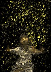  1girl abstract absurdres akino_suzume black_background closed_eyes cowboy_shot dress facing_viewer highres impressionism open_mouth original outstretched_arms pointillism solo white_dress wide_shot yellow_theme 