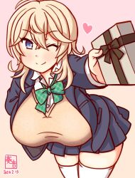  1girl black_skirt blonde_hair blue_eyes blush box breasts chocolate gift hair_between_eyes hair_ornament hairclip heart-shaped_box holding holding_gift jacket kanon_(kurogane_knights) kantai_collection large_breasts long_hair long_sleeves looking_at_viewer medium_hair neckerchief one_eye_closed open_clothes open_jacket school_uniform shirt skirt smile solo split_mouth thigh-highs tuscaloosa_(kancolle) valentine vest white_shirt white_thighhighs yellow_vest 