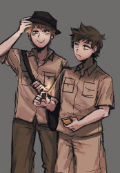  2boys adjusting_clothes adjusting_headwear animification antenna_hair bag black_hat blush brown_hair brown_pants brown_shirt brown_shorts collared_shirt commentary_request cowboy eddsworld grey_background hair_ears hat highres holding_matchbox holding_matchstick jitome looking_at_another looking_up male_focus matchbox matches matt_(eddsworld) multiple_boys official_alternate_costume orange_hair pants partial_commentary rainbowmisosoup scene_reference shirt short_hair shorts shoulder_bag simple_background smile standing tord_(eddsworld) 