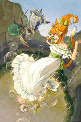 2girls absurdres animal_ears apron bare_shoulders blue_skirt bow brown_eyes brown_shoes cat_ears cat_tail center_frills chinese_commentary commentary_request corset dress final_fantasy final_fantasy_xiv frills green_bow green_hair green_shoes hair_bow highres holding holding_shield holding_sword holding_weapon long_hair looking_at_another midair miqo'te multiple_girls off-shoulder_dress off_shoulder orange_hair outdoors rabbit_ears shield shoes signature skirt soap_bubbles sword tail tan very_long_hair viera warrior_of_light_(ff14) weapon white_apron white_dress yuzaiii 