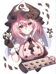  1girl alternate_color alternate_costume ametama_(runarunaruta5656) ascot baking_sheet blush breasts brown_ascot brown_gloves brown_hat checkerboard_cookie closed_mouth commentary_request cookie crossed_bangs food food_on_face gloves hat highres holding holding_tray large_breasts looking_at_viewer mob_cap pink_hair red_eyes saigyouji_yuyuko short_hair smile solo touhou tray triangular_headpiece upper_body valentine white_background 