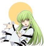  1girl blush breasts c.c. code_geass creayus green_hair hair_between_eyes hands_up long_hair medium_breasts open_mouth sidelocks solo straitjacket upper_body v-shaped_eyebrows white_background wide_sleeves yellow_eyes 