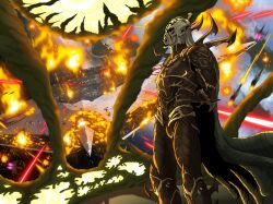  1boy alien armor arms_behind_back black_cape cape colored_skin commission czulkang_lah english_commentary explosion from_side frown grey_hair grey_skin highres laser motion_blur niq_ducote orange_eyes planet pointy_ears second-party_source solo spacecraft star_destroyer star_wars star_wars:_the_new_jedi_order star_wars_legends x-wing yuuzhan_vong 