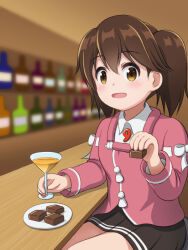  1girl brown_eyes brown_hair brown_skirt chocolate cocktail_glass commentary_request counter cup drinking_glass feeding japanese_clothes kantai_collection kariginu long_hair magatama plate pleated_skirt ryuujou_(kancolle) skirt smile solo terupoyo twintails 