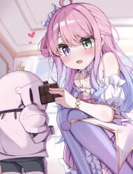  1girl absurdres ahoge asymmetrical_legwear bare_shoulders blue_hair candy candy_hair_ornament chocolate chocolate_bar commentary_request crescent dress eyes_visible_through_hair food food-themed_hair_ornament gradient_hair green_eyes hair_between_eyes hair_ornament hair_over_eyes heart heterochromia highres himemori_luna himemori_luna_(1st_costume) holding holding_chocolate holding_food hololive kanami9731 long_hair luknight_(himemori_luna) mismatched_legwear mismatched_thighhighs multicolored_hair off-shoulder_dress off_shoulder open_mouth pink_dress pink_hair pocky print_thighhighs purple_thighhighs squatting striped_clothes striped_thighhighs thigh-highs vertical-striped_clothes vertical-striped_thighhighs violet_eyes virtual_youtuber 