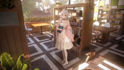  1girl absurdres blue_eyes book bookshelf bookstore cafe capelet chair chalkboard choker collar day dress english_text fashion fence flower flower_ornament flower_symbol full_body grey_hair hanging_light highres holding holding_book indoors lamp leaf long_hair looking_at_viewer official_art original pantyhose pink_capelet pink_flower red_flower reisen13 shadow shoes shop smile solo standing strapless strapless_dress sunlight table tile_floor tile_wall tiles vase white_hair white_pantyhose white_shoes window wooden_wall 