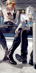  2boys antenna_hair arm_tattoo belt black_belt black_boots black_choker black_necktie black_pants black_shorts blonde_hair blue_eyes boots braid chest_tattoo chinese_commentary choker collared_shirt commentary_request facial_tattoo gradient_hair hand_on_another's_thigh highres holding holding_phone honkai:_star_rail honkai_(series) id_card male_focus medium_hair mississipping multicolored_hair multiple_boys mydei_(alternate_spacetime)_(honkai:_star_rail) mydei_(honkai:_star_rail) necktie official_alternate_costume pants parted_bangs partially_unbuttoned phainon_(alternate_spacetime)_(honkai:_star_rail) phainon_(honkai:_star_rail) phone pilot_uniform red_hair red_tattoo see-through_clothes see-through_shirt shirt short_hair shorts side_braid sitting sunglasses tattoo unworn_eyewear white_hair white_shirt yellow_eyes 