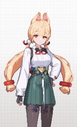 1girl alice_thymefield animal_ears black_gloves black_pantyhose blonde_hair braid braided_twintails chest_bow collarbone commentary fingerless_gloves gamepix gloves green_skirt hair_ornament hand_on_own_hip heterochromia high-waist_skirt long_hair long_sleeves looking_at_viewer pantyhose pixel_art rabbit_ears rabbit_girl red_eyes shirt skirt solo sphere_hair_ornament untranslatable_commentary white_shirt yellow_eyes zenless_zone_zero 