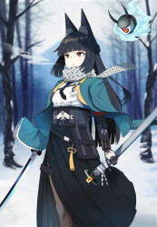  1girl absurdres animal_ear_fluff animal_ears aqua_capelet bare_tree black_hair blunt_bangs blurry blurry_background capelet commentary_request eyeball fox_ears fox_girl heavy_breathing highres holding holding_sword holding_weapon horns hoshimi_miyabi long_hair long_sleeves looking_at_viewer open_mouth outdoors red_eyes scarf snow solo sword tailless_(zenless_zone_zero) tree wakadori1234 weapon zenless_zone_zero 