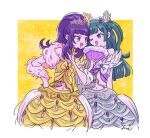  2girls :d blue_eyes blunt_bangs bow bubble_skirt cropped_legs cropped_shirt face-to-face feather_boa feather_hair_ornament feathers green_hair hair_ornament hanazono_shuuka hand_fan hand_on_own_hip hand_up heads_together holding holding_fan idol_time_pripara long_hair looking_at_another midriff multiple_girls one_eye_closed open_mouth ponytail pretty_(series) pripara purple_hair rituyama1 shirt skirt smile standing tiara tsukikawa_chiri two_side_up violet_eyes white_bow white_skirt yellow_bow yellow_shirt yellow_skirt 