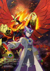  2boys android armor beak blaze_heatnix_(mega_man) blue_eyes chest_jewel clenched_hand coat feet_out_of_frame fiery_hair fire forehead_jewel full_body gate_(mega_man) helmet lab_coat male_focus mega_man_(series) mega_man_x6 mega_man_x_(series) multiple_boys non-humanoid_robot outstretched_arm purple_helmet robot standing tail twitter_username watermark watermark_grid white_coat wings yamanashi_taiki 