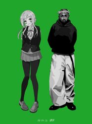  1boy 1girl absurdres arms_behind_back baggy_pants blush collared_shirt crown_of_thorns dark-skinned_male dark_skin dated full_body gakuen_idolmaster green_background greyscale_with_colored_background grin highres himesaki_rinami hood hoodie idolmaster isana_(isana9075) jacket kendrick_lamar long_hair looking_at_viewer miniskirt pants pantyhose pleated_skirt real_life shirt shoes simple_background skirt smile sweater 