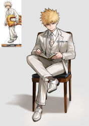  1boy absurdres ahfish bakugou_katsuki blonde_hair boku_no_hero_academia book closed_mouth collared_shirt commentary crossed_legs dress_shoes formal_clothes full_body grey_background grey_socks highres holding holding_book jacket lapels male_focus necktie notched_lapels open_book open_clothes open_jacket pants reading red_eyes reference_inset scar scar_on_cheek scar_on_face shirt shoes short_hair sitting socks solo spiky_hair star_(symbol) suit_jacket untranslatable_commentary vest white_jacket white_necktie white_pants white_shirt white_shoes white_vest wing_collar 