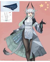  1girl :d aircraft airplane artist_logo black_claws breasts chengdu_j-36 claws coat_stash commentary detached_sleeves dragon dragon_girl dragon_print dress eastern_dragon english_commentary feet_out_of_frame fighter_jet flag_background fringe_trim front_slit green_hair grey_dress grey_hair highres horns large_breasts logo long_hair mecha_musume military_vehicle missile monster_girl multicolored_hair open_hand original pantyhose people's_liberation_army people's_liberation_army_air_force people's_republic_of_china_flag photo_inset pointy_ears red_background red_eyes reference_inset sharp_teeth smile solo standing stealth_aircraft taco_xd69 tail teeth two-tone_hair 