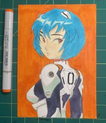  1girl art_tools_in_frame ayanami_rei blue_hair bodysuit breasts cartoonized frown hair_between_eyes highres interface_headset_(evangelion) kaimecha looking_back marker marker_(medium) mecha_pilot_suit neon_genesis_evangelion orange_background orange_eyes photo_(medium) plugsuit_(evangelion) short_hair small_breasts solo toon_(style) traditional_media white_bodysuit 