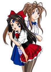  2girls aa_megami-sama antenna_hair bandabekken belldandy black_hair blue_bow blue_bowtie blue_eyes blue_skirt bow bowtie brown_eyes brown_hair closed_mouth cowboy_shot cummerbund facial_mark forehead_mark frilled_shirt frills hair_bow hand_on_own_thigh hand_up index_finger_raised kobeya_uniform leaning_forward long_hair miniskirt multiple_girls open_mouth pantyhose pleated_skirt ponytail red_bow red_bowtie red_skirt shirt simple_background skirt skuld_(aa_megami-sama) smile waitress white_background white_shirt 