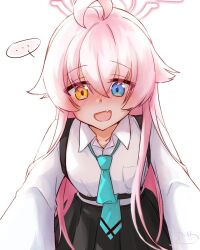  ... 1girl black_skirt blue_archive blue_eyes blue_necktie blush chest_harness collared_shirt commentary hair_between_eyes halo harness heterochromia hoshino_(blue_archive) looking_at_viewer necktie open_mouth pink_halo rarasa_(rarasa) shirt simple_background skirt solo spoken_ellipsis untranslatable_commentary white_background white_shirt yellow_eyes 