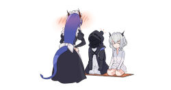  1other 2girls alternate_costume ambiguous_gender animal_ears apron arknights black_dress blue_hair blush ch'en_(arknights) closed_eyes commentary_request doctor_(arknights) dragon_girl dragon_horns dragon_tail dress enmaided grey_hair highres hood horns long_hair long_sleeves maid maid_headdress multiple_girls seiza shirt short_hair simple_background sitting srpzk tail talulah_(arknights) white_background white_shirt 