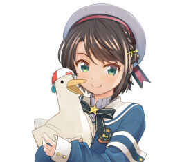  1girl animal armband bird black_bow black_bowtie black_panties blue_jacket bow bowtie braid brooch brown_hair closed_mouth clothing_cutout commentary_request cropped_jacket cropped_shirt duck grey_hat grey_shirt hair_ornament hairclip haniwa_(leaf_garden) hat high_collar highres hip_vent holding holding_animal hololive jacket jewelry lace-trimmed_panties lace_trim long_sleeves midriff navel official_alternate_costume official_alternate_hairstyle oozora_subaru oozora_subaru_(suspenders) panties panty_peek pinstripe_pattern pinstripe_shirt sailor_hat shirt short_hair side_braid simple_background sleeve_cuffs smile solo star_brooch subaru_duck suspenders swept_bangs underwear upper_body virtual_youtuber white_background 