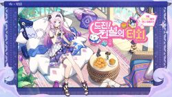  1girl arm_strap black_hairband black_nails black_ribbon black_sandals blue_eyes bracelet braid burger chicken_(food) citlali_(genshin_impact) citlali_(mom's_touch)_(genshin_impact) closed_mouth commentary_request cup disposable_cup dress facial_mark food fried_chicken full_body genshin_impact hair_ribbon hairband highres index_finger_raised indoors jewelry korean_commentary layered_dress long_hair looking_at_viewer official_alternate_costume official_art pink_hair pink_pupils ribbon sandals sitting sleeveless solo thigh_strap triangle triangle_facial_mark twin_braids 