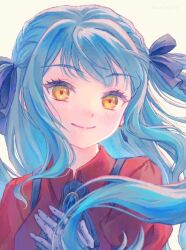  1girl ascot bang_dream! bang_dream!_it's_mygo!!!!! black_ascot black_ribbon blue_hair blush closed_mouth commentary floating_hair gloves grey_gloves hair_ribbon hand_up highres long_hair oblivionis_(bang_dream!) red_shirt ribbon shirohata_nagisa shirt sidelocks simple_background solo togawa_sakiko upper_body white_background yellow_eyes 