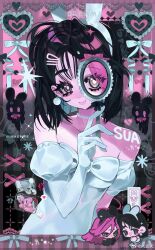  2girls alien_stage artist_name asymmetrical_gloves bare_shoulders black_hair character_name commentary copyright_name dress gloves green_eyes heart highres holding holding_mirror jewelry juliet_sleeves long_sleeves mirror mizi_(alien_stage) multiple_girls necklace off-shoulder_dress off_shoulder one_eye_covered pearl_necklace pink_hair puffy_sleeves short_hair solo_focus sua_(alien_stage) taowu_(20809) uneven_gloves violet_eyes watermark weibo_watermark white_gloves 