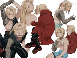  1boy absurdres ahoge arms_up automail bandaged_torso black_jacket black_pants blonde_hair blue_shorts boots braid braided_ponytail brown_boots cbow closed_mouth commentary crying curtained_hair edward_elric from_behind fullmetal_alchemist hair_tie highres jacket long_hair looking_back male_focus mechanical_arms multiple_views pants ponytail shoe_soles shorts simple_background single_mechanical_arm sitting tank_top tears topless_male towel towel_around_neck white_background yellow_eyes 