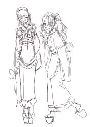  1girl absurdres apron blush commentary_request full_body highres japanese_clothes kantai_collection kimono long_hair long_sleeves looking_at_viewer maid maid_headdress motizou open_mouth shouhou_(kancolle) sketch smile wa_maid wide_sleeves zuikaku_(kancolle) 