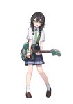  1girl absurdres black_hair blue_skirt bow braid breast_pocket brown_footwear cevio collared_shirt crossed_bangs electric_guitar flat_chest full_body green_eyes green_necktie guitar hair_between_eyes hair_bow hanakuma_chifuyu heel_up highres holding holding_instrument holding_plectrum instrument kaito_(k4itoh) light_brown_hair loafers long_hair looking_at_viewer necktie open_mouth plectrum pocket second-party_source shirt shoes short_sleeves skirt smile socks solo standing synthesizer_v transparent_background twin_braids white_shirt white_socks 