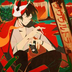  1boy absurdres black_hair candy_jar choker cigarette cigarette_pack fang fang_out grass highres holding holding_cigarette holding_cigarette_pack jacket kozuka_akira kurosawa_(adelta) looking_at_viewer male_focus mask mask_on_head official_art red_choker red_jacket red_mask shirt sitting teardrop uuultra_c 