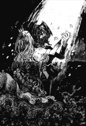  2girls absurdres alternate_costume ange_katrina arm_up commentary_request crease crossdressing crossdressing_(ftm) crown dancing dark dress falling_petals frilled_dress frills gloves gown greyscale hair_intakes hatching_(texture) highres jacket linear_hatching lize_helesta long_dress long_hair long_sleeves monochrome multiple_girls nijisanji petals ponytail princess scan short_ponytail shou-star sleeveless sleeveless_dress traditional_media virtual_youtuber waltz_(dance) 