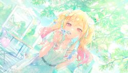  1girl :o belt blonde_hair blowing_bubbles blue_dress blue_ribbon blue_sky blue_theme bracelet breasts bubble bubble_pipe chair clouds collarbone colorful_palette day dress dutch_angle floral_print flower flower_bracelet game_cg green_theme hair_ribbon half-closed_eyes hands_up high_collar highres holding house jewelry lace-trimmed_dress lace_trim light_blush looking_at_viewer medium_hair official_alternate_costume official_art open_mouth outdoors pastel_colors path_made_by_faith_(project_sekai) pink_eyes pink_hair project_sekai ribbon short_sleeves sky small_breasts solo table tenma_saki third-party_source tree twintails upper_body wavy_hair wavy_sidelocks white_flower 