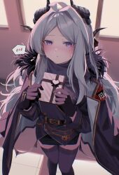  1girl ahoge armband black_coat black_skirt black_thighhighs blue_archive blush breasts coat coat_on_shoulders commentary demon_girl demon_horns demon_wings highres hina_(blue_archive) horns indoors long_hair looking_at_viewer low_wings red_armband revision skirt small_breasts solo standing supic1711 thigh-highs valentine very_long_hair violet_eyes white_hair wings 