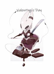  1girl alternate_costume arthropod_girl border brown_dress brown_gloves candy character_name chinese_commentary chocolate chocolate_bar chromatic_aberration commentary_request dress elbow_gloves film_grain food from_above full_body gloves grey_background halftone highres hightguy holding holding_weapon hollow_eyes hollow_knight hollow_knight:_silksong horned_mask hornet_(hollow_knight) juliet_sleeves lace-trimmed_dress lace_trim long_sleeves looking_ahead mask medium_dress needle_(hollow_knight) no_mouth outside_border oversized_spoon puffy_sleeves simple_background solo spoon standing valentine weapon white_border white_mask white_trim 